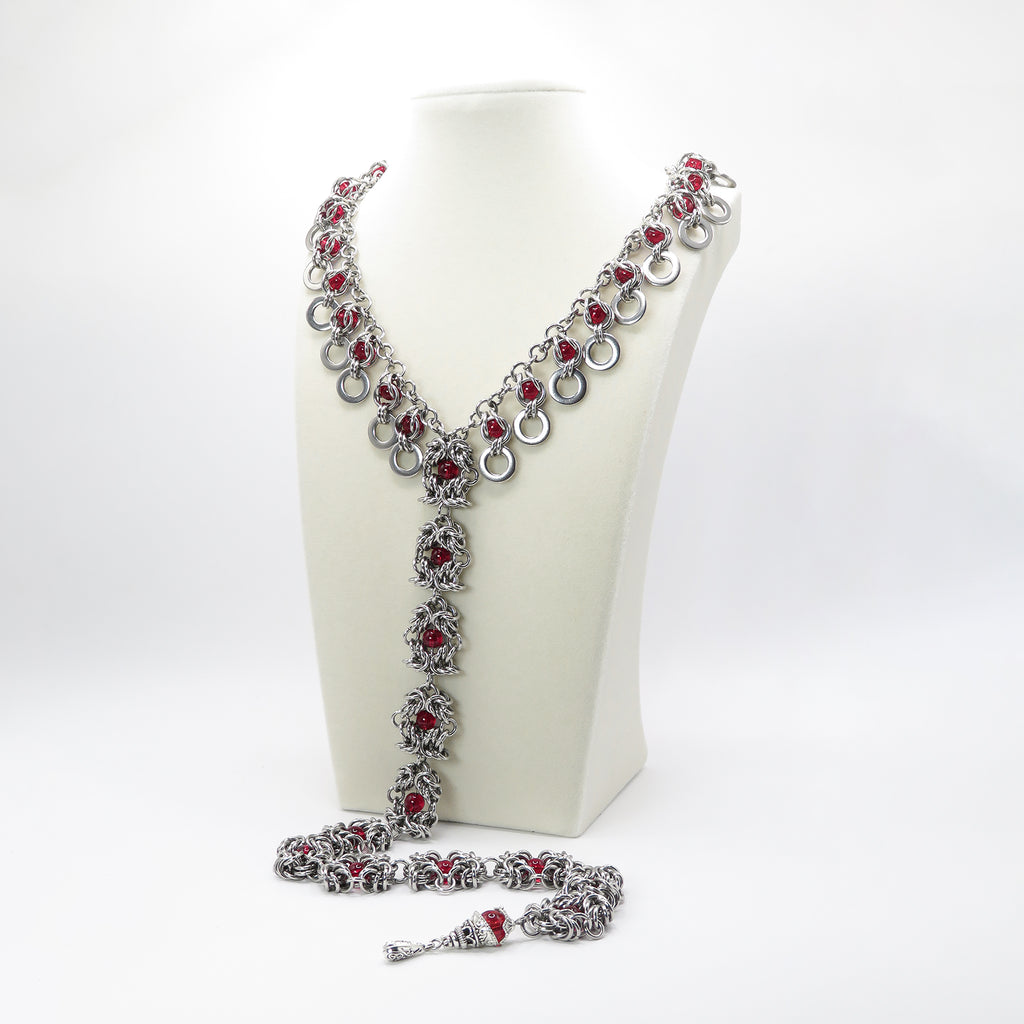 Stainless Steel handmade chainmail necklace with red glass beads 